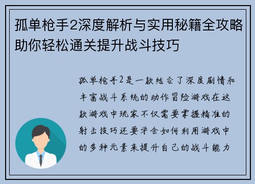 孤单枪手2深度解析与实用秘籍全攻略助你轻松通关提升战斗技巧